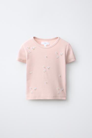 Zara BEADED EMBROIDERED RIB T-SHIRT - Pink