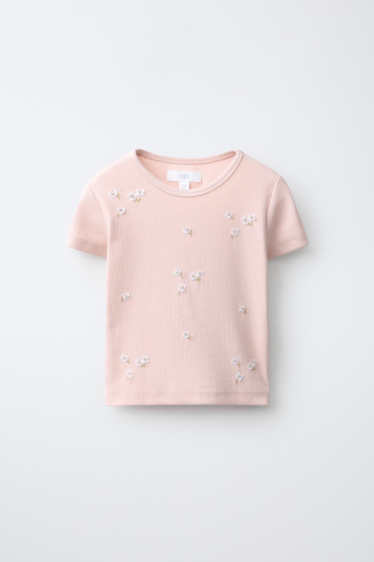 BEADED EMBROIDERED RIB T-SHIRT — Pink