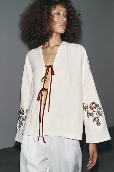 100% LINEN EMBROIDERED KIMONO - Ecru by Zara - Image 3