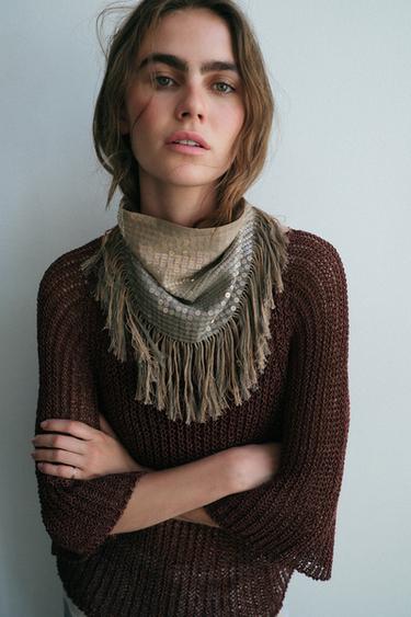 SEQUIN FRINGED SCARF - camel by Zara