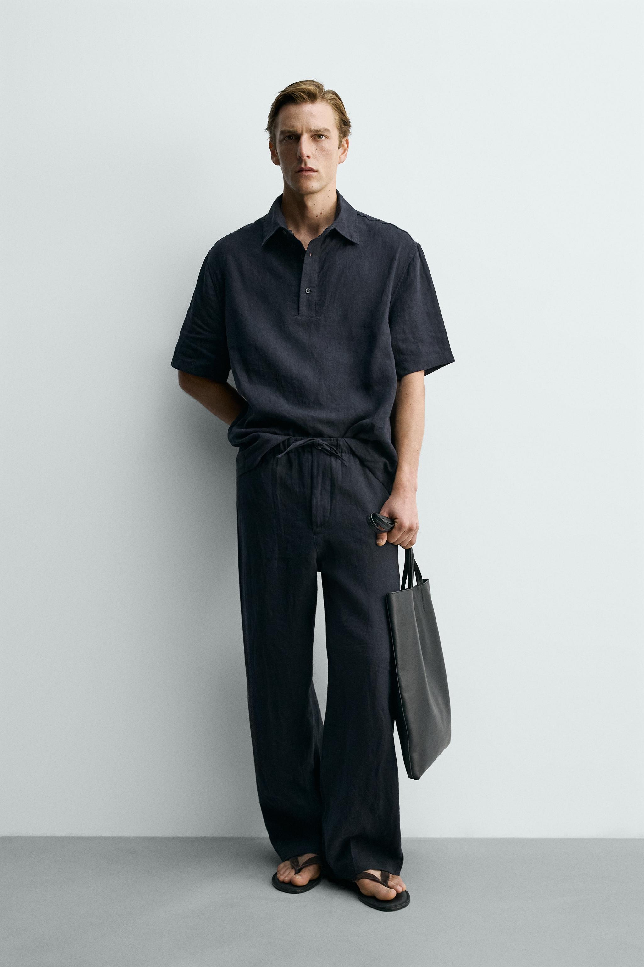ボクシーフィットリネン100%ポロシャツ - ダークネイビーブルー | ZARA