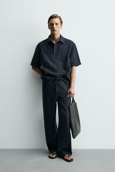 BOXY FIT 100% LINEN POLO SHIRT - Dark navy by Zara - Image 0