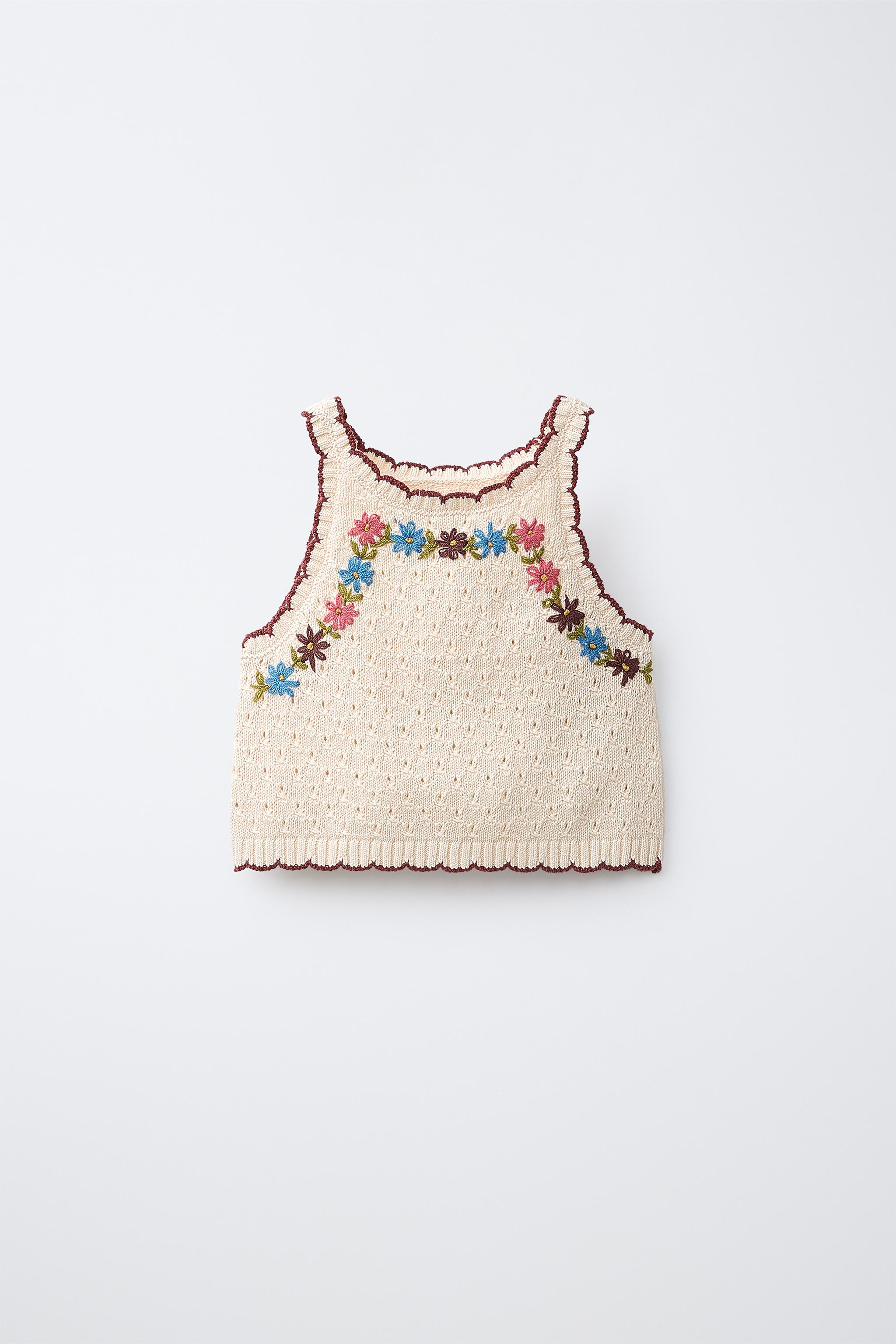 KNIT TOP WITH FLORAL EMBROIDERY - Ecru | ZARA Singapore