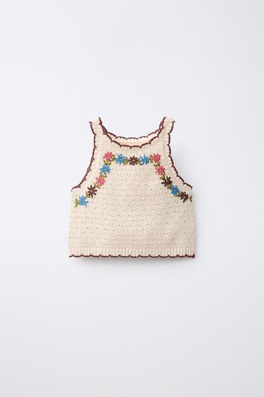 KNIT TOP WITH FLORAL EMBROIDERY - Ecru by Zara