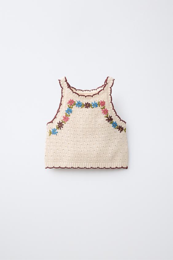 TOP DE TRICÔ COM FLORES BORDADAS - Cru da Zara - Imagem 0