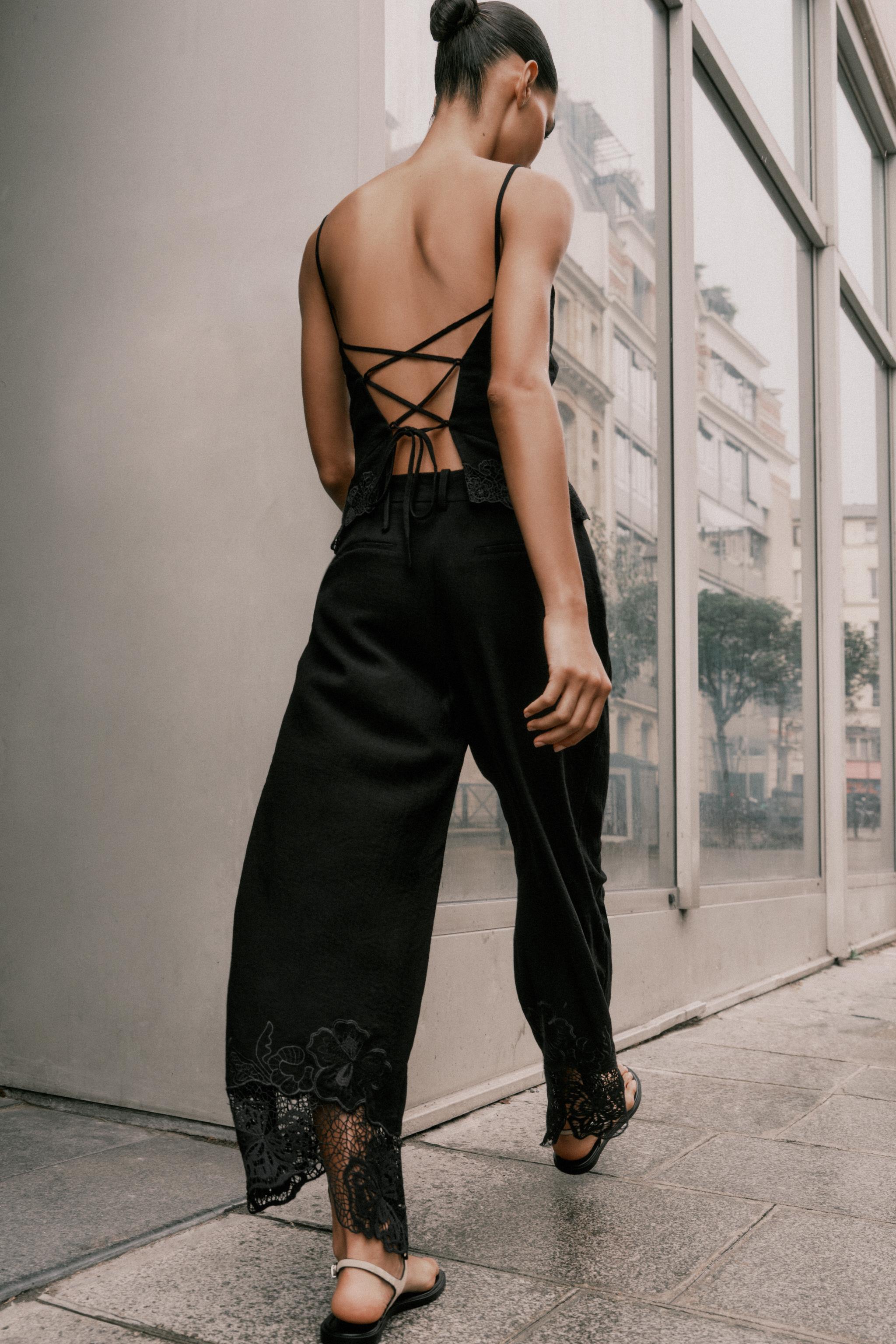 刺繍入りローヘムキュロットパンツ - ブラック | ZARA Japan / 日本