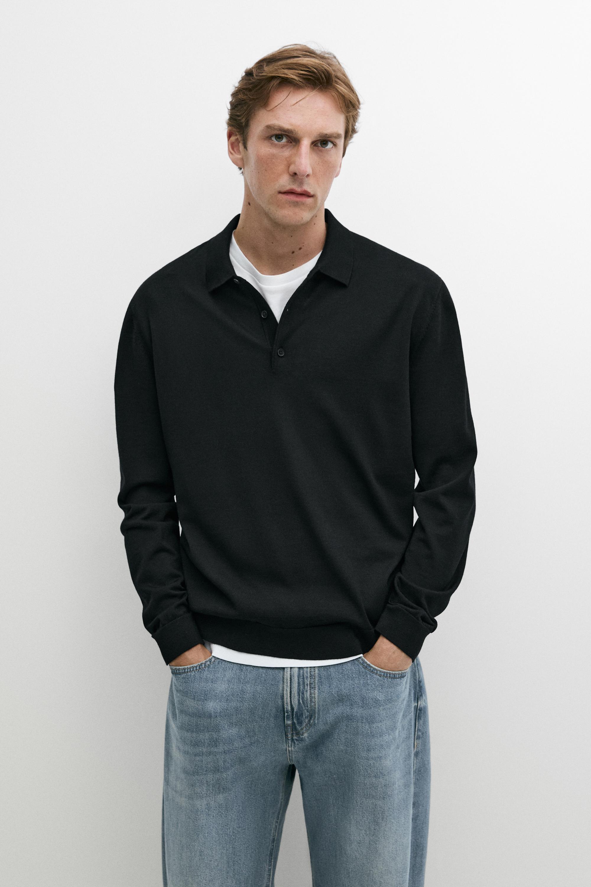 100% merino wool knit polo sweater — Black