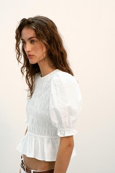 CHECK SMOCKED TOP - White by Zara - Image 3