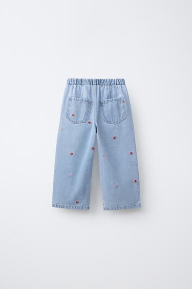 JEAN LARGE BRODÉ FRAISES - Bleu de Zara - Image 1