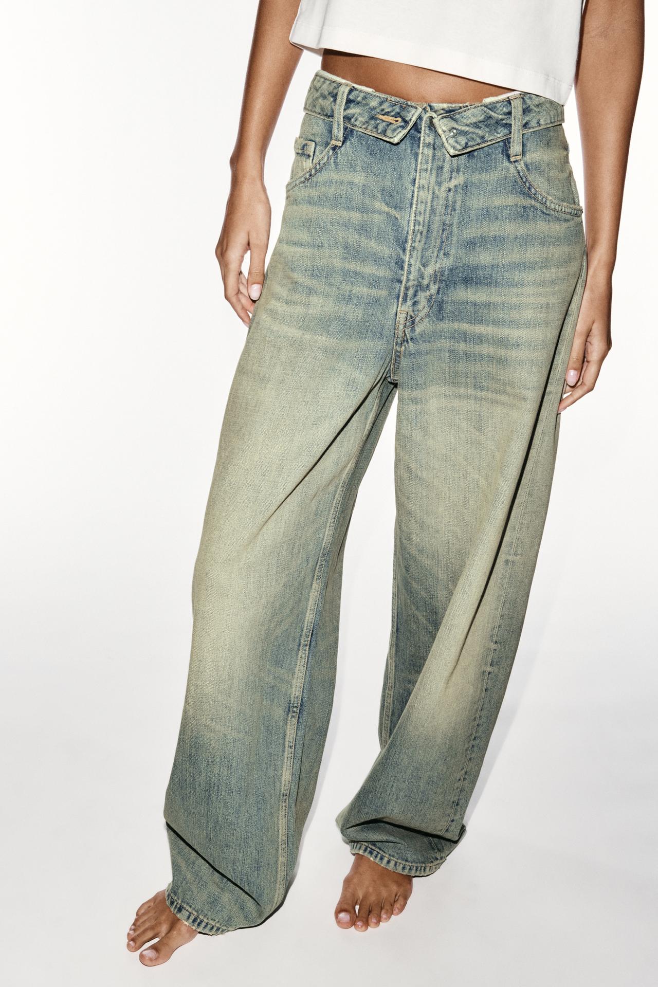 TRF MID-RISE FOLDED-WAIST RIPPED JEANS — Blue / Green