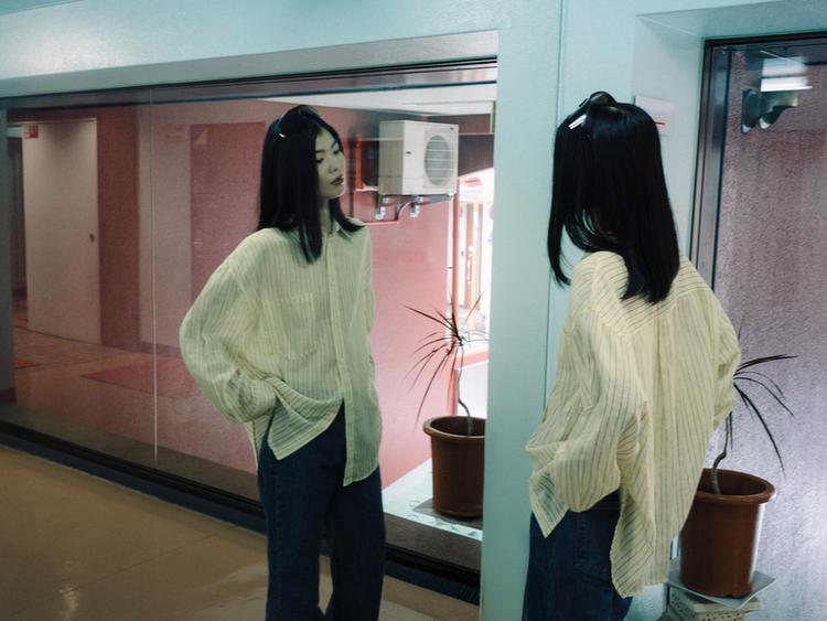 STRIPED OVERSIZE CHIFFON SHIRT WITH POCKET