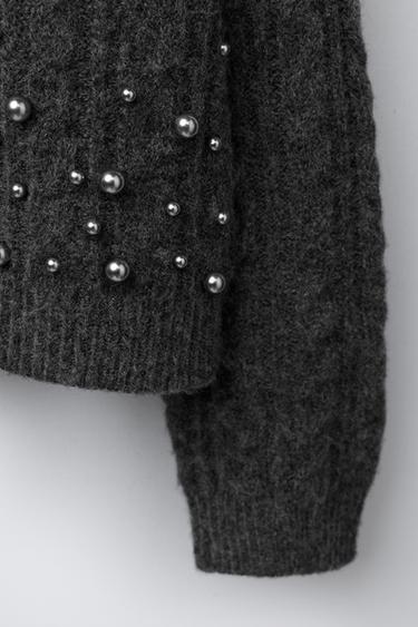 CABLE-KNIT CARDIGAN WITH FAUX PEARLS - Anthracite grey by Zara - Image 3
