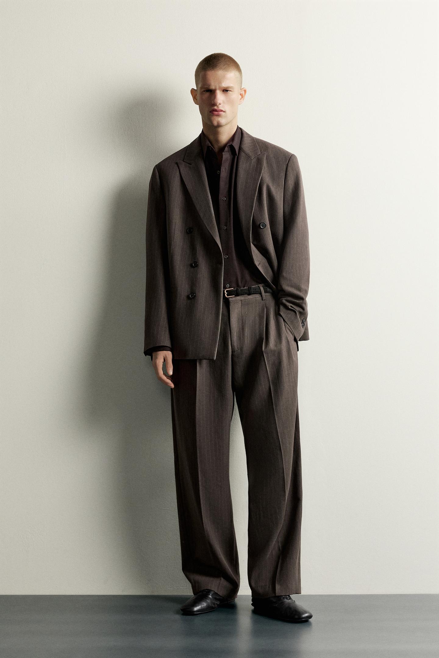 Мужской пиджак Zara Pinstripe Double-Breasted Suit Blazer, цвет: Коричневый