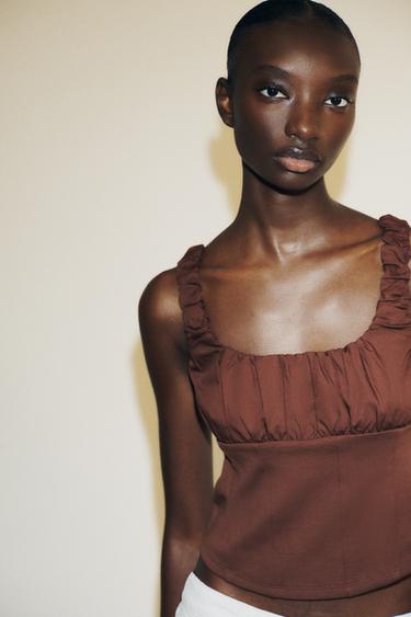 COMBINATION INTERLOCK POPLIN TOP - Brown by Zara