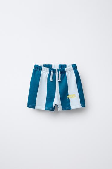 Zara 刺繡文字條紋短褲 - 藍色