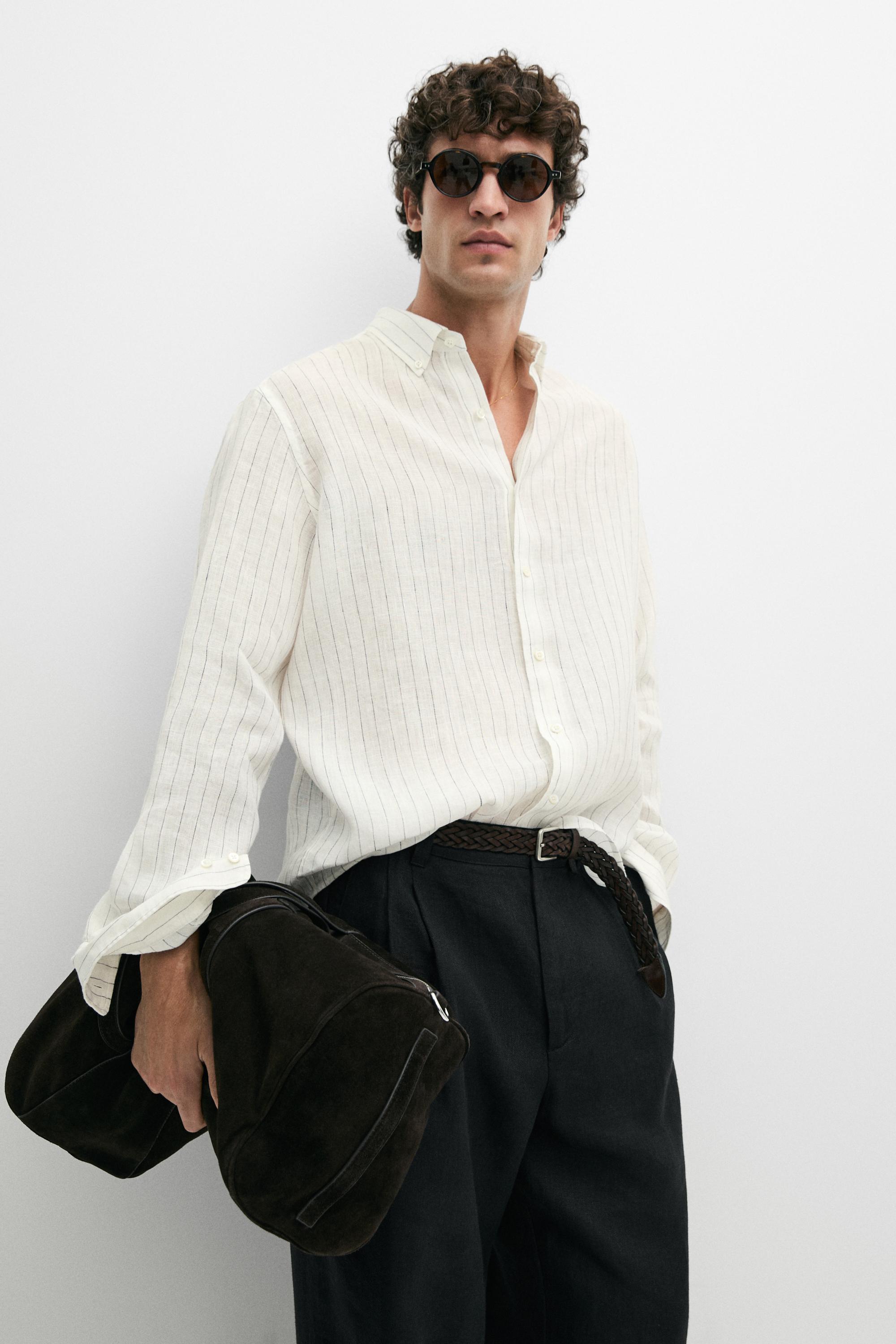 100% linen regular fit striped shirt — Ecru