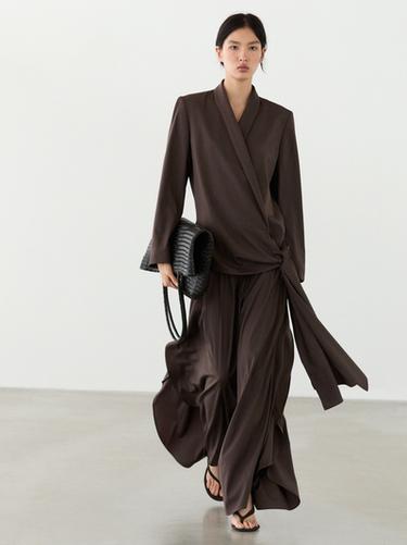 Zara Wide-leg pleated trousers with side vents - Chocolate