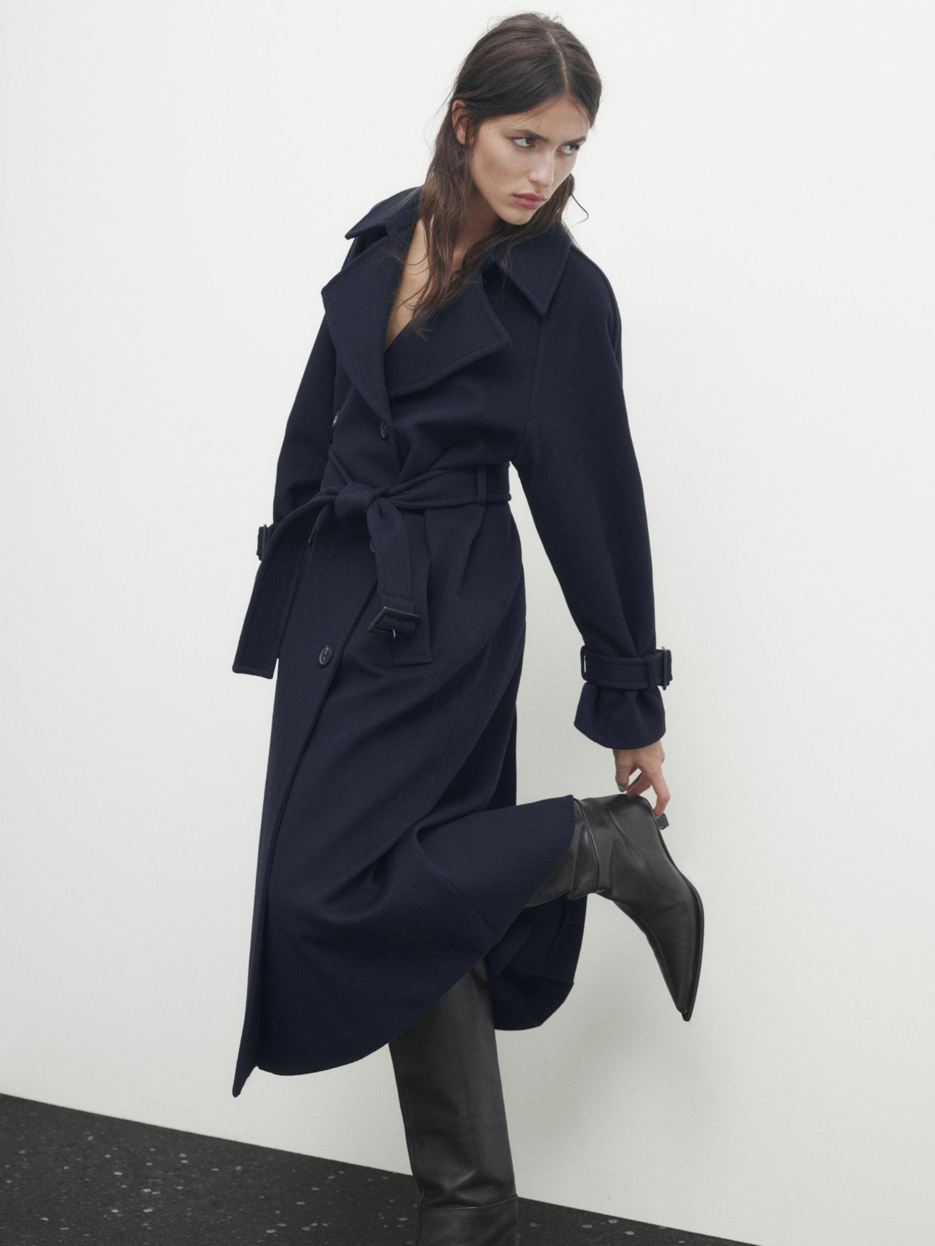 Trench Coat - Long Navy Wool Coat With Velvet Cuffs