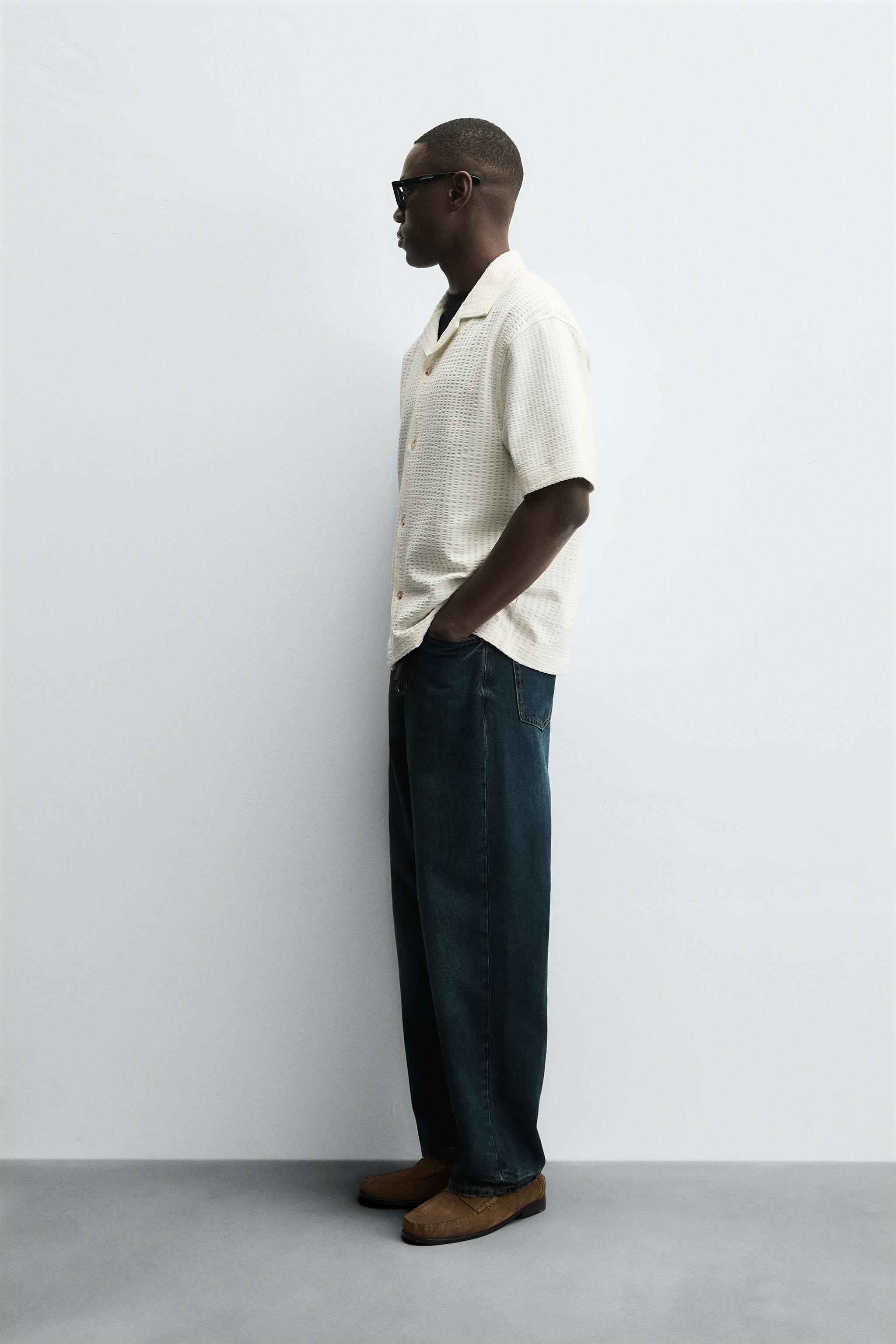 KOMFORTOWA KOSZULA SEERSUCKER - Brązowo-niebieski | ZARA