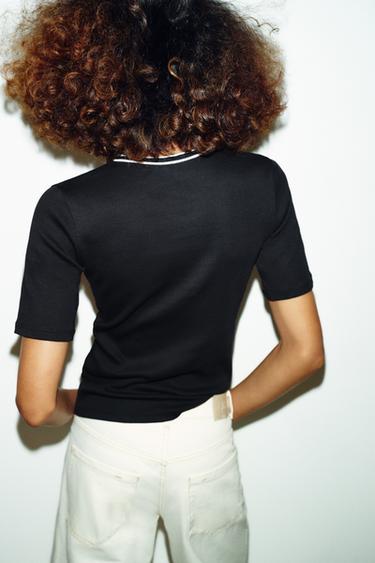 CONTRAST PIPING T-SHIRT - Black / White by Zara - Image 3
