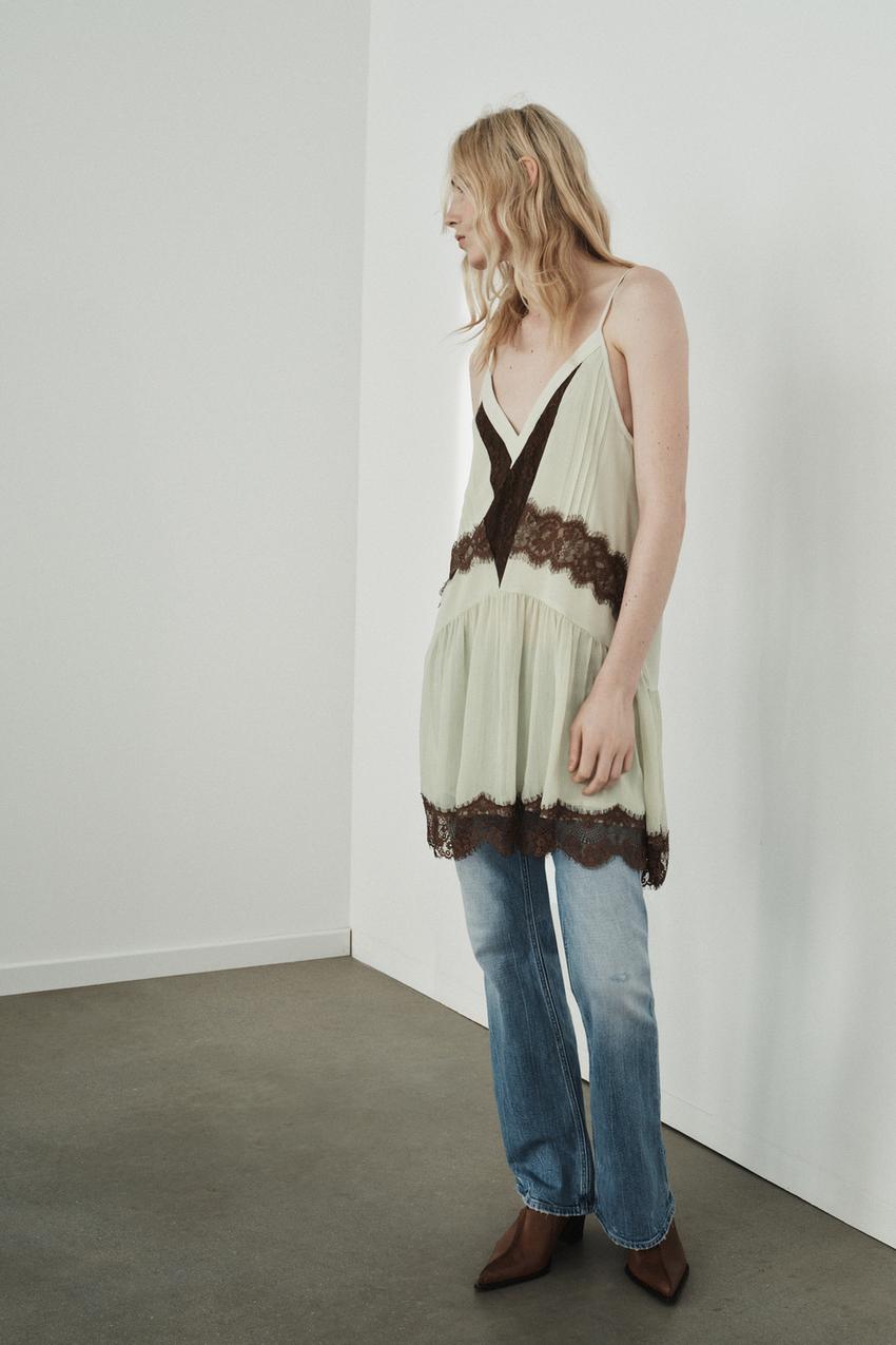 SHORT COMBINATION LACE DRESS - Brown / Green | ZARA United States SHORT COMBINATION LACE DRESS - Brown / Green | ZARA United States