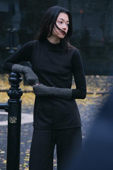 SOFT PIQUÉ HIGH NECK TOP - charcoal grey by Zara