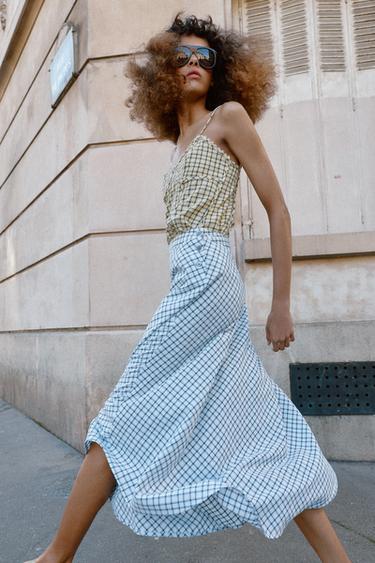 Zara ASYMMETRIC PLAID MIDI SKIRT - Blue / White