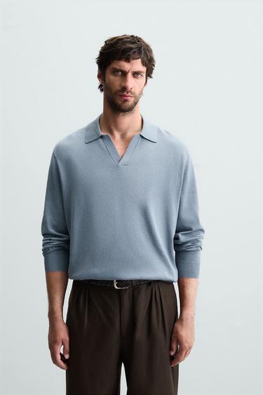 Zara COTTON BLEND KNIT POLO SHIRT - Light blue