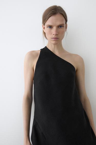 Zara Asymmetric linen blend top with back detail - Black