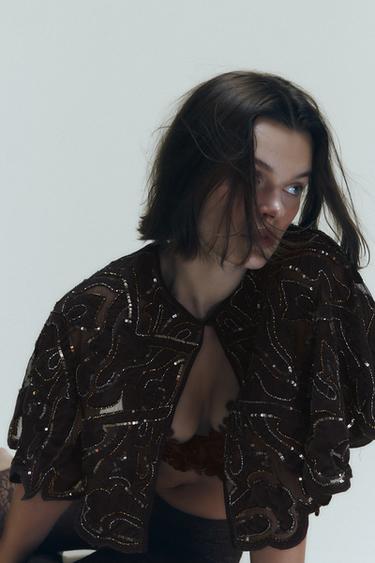 COMBINED VELVET BEADED SEQUIN CAPE - Brown by Zara