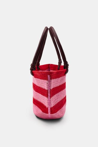 STRIPED JUTE LEATHER BAG - Red by Zara - Image 3