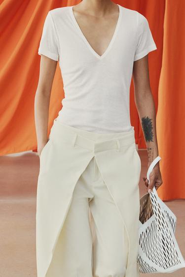 LYOCELL AND SILK T-SHIRT - Oyster-white by Zara