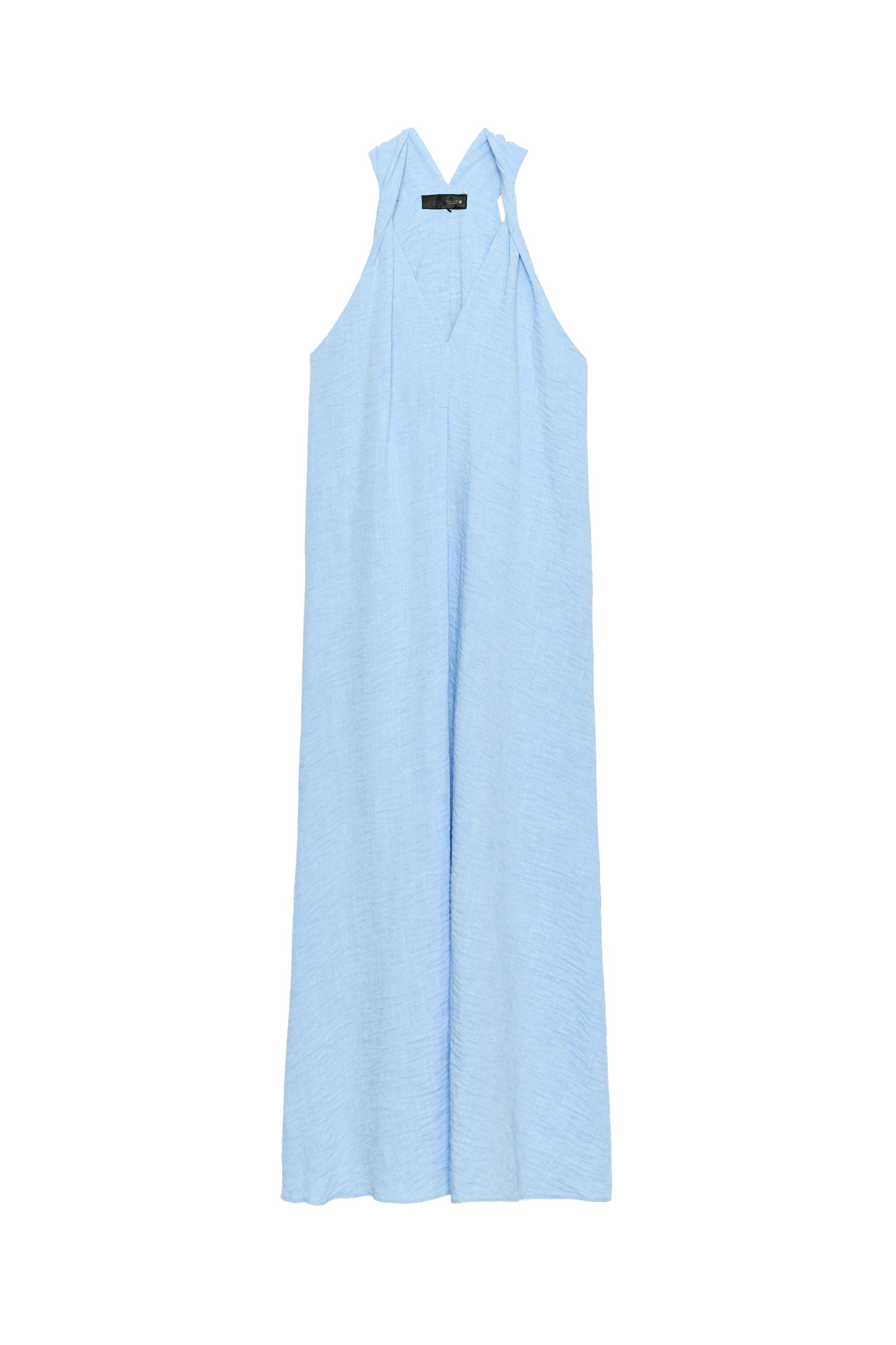 blue off the shoulder dress zara LONG RUFFLED DRESS - Cobalt