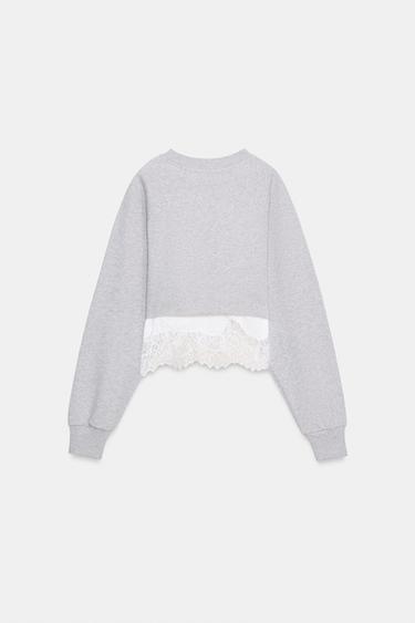 CROPPED SWEATSHIRT WITH LACE - Grey marl by Zara - Image 5