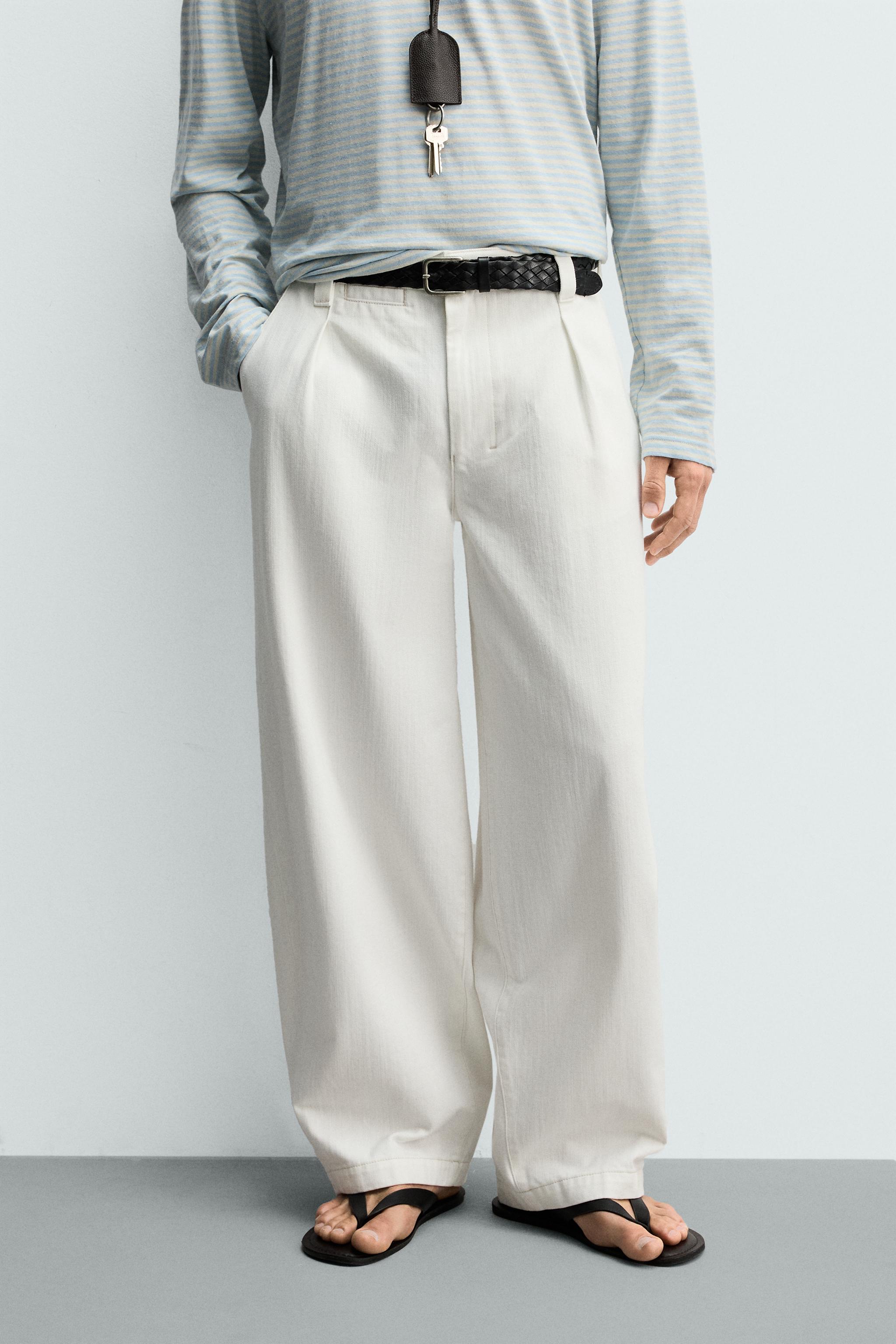 PLEATED BARREL FIT DENIM CHINO PANTS