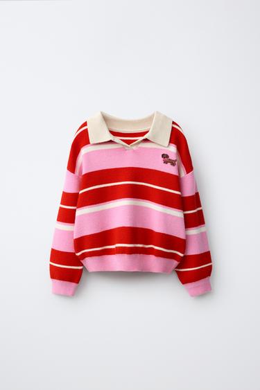 Zara 條紋小狗圖案針織 POLO 衫 - 粉紅色 - 圖片 0