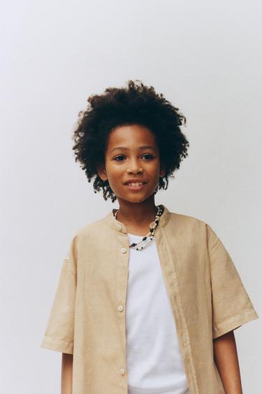 COTTON LINEN STAND COLLAR SHIRT - Sand by Zara