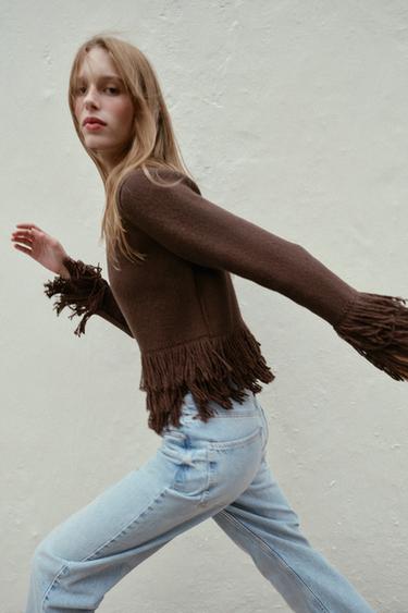 GILET EN MAILLE À FRANGES ET BOUTON - Marron de Zara - Image 3