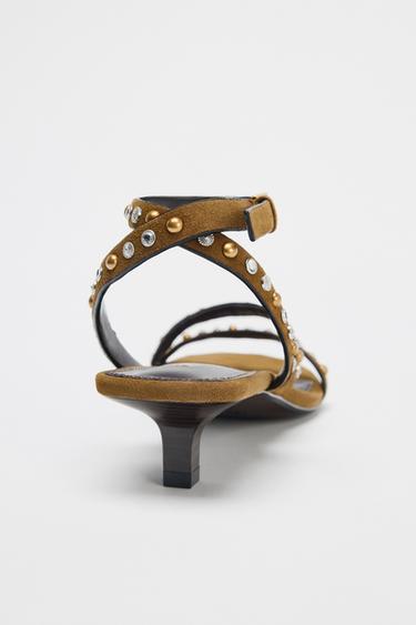 SPLIT SUEDE STUDDED KITTEN HEEL SANDALS - Olive Green by Zara - Image 3
