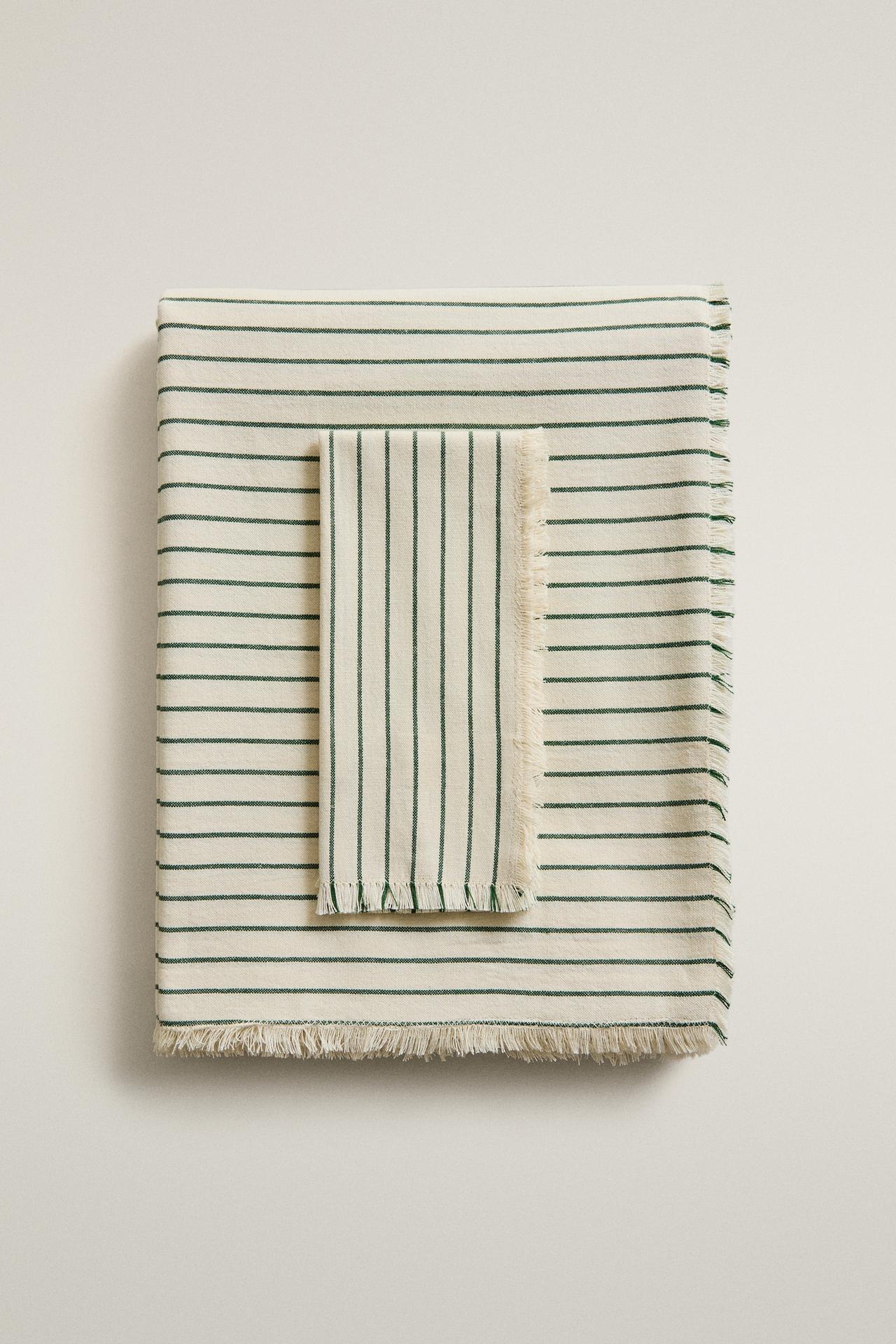 STRIPED TABLECLOTH WITH FRINGES — Ecru