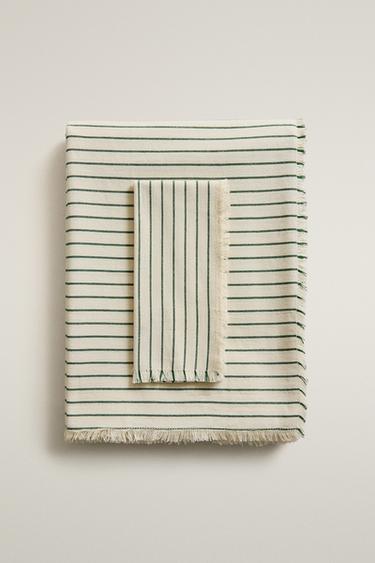 STRIPED TABLECLOTH WITH FRINGES — Ecru 1