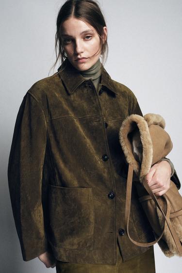 Zara SUEDE LEATHER POCKET JACKET ZW COLLECTION LIMITED EDITION - Khaki