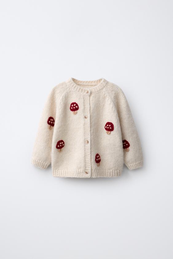 KNIT CARDIGAN WITH MUSHROOM EMBROIDERY - Light beige by Zara - Image 0
