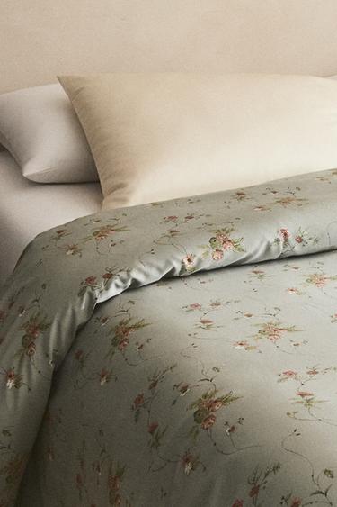 FLORAL BRANCH SATEEN DUVET COVER (300 THREAD COUNT) - Blue / Green by Zara