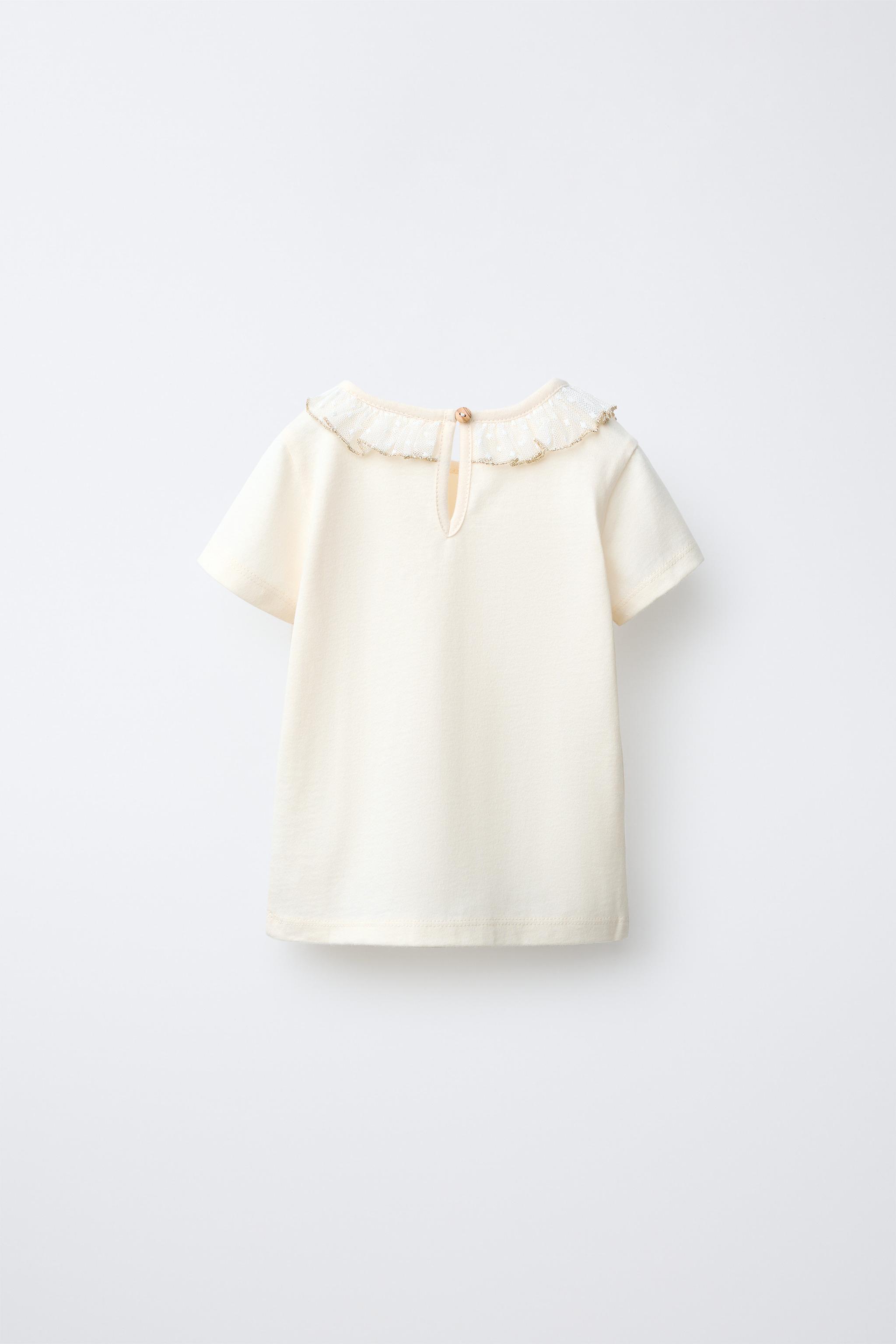 EMBROIDERED SWISS DOT COLLAR T-SHIRT — Ecru