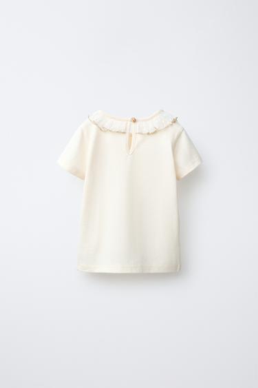DOTTED MESH COLLAR AND EMBROIDERED T-SHIRT - Ecru by Zara - Image 1