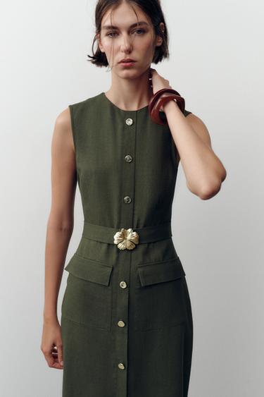 LINEN BLEND MIDI DRESS WITH BELT - Dark khaki by Zara - Image 1