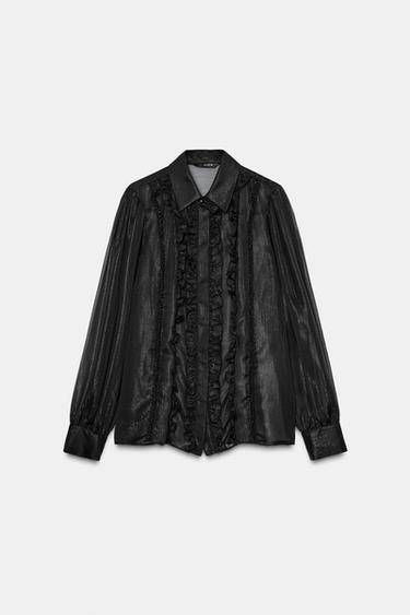 Zara BEADED RUFFLED SEMI-SHEER SHIRT - Black