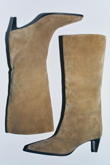 SPLIT SUEDE KITTEN HEEL BOOTS - Brown by Zara