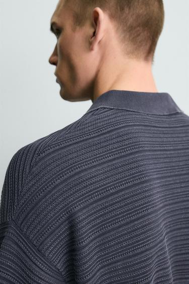 WASHED TEXTURED RELAXED FIT KNIT POLO SHIRT - Navy blue by Zara - Image 6